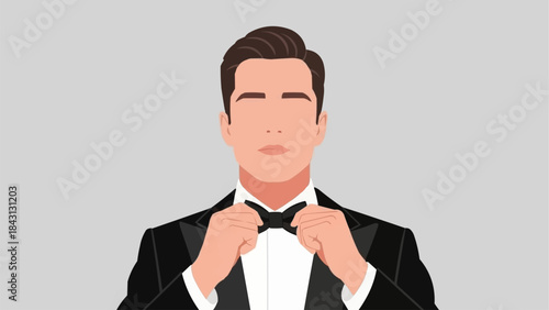 Man in Tuxedo Adjusting Bow Tie Formal Event Preparation.