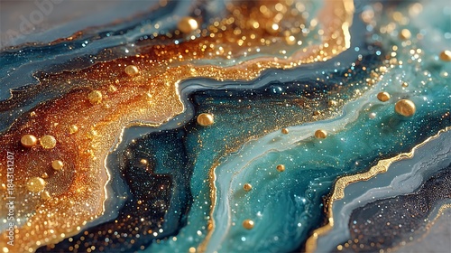 Abstract art featuring shimmering gold and teal textures with scattered golden spheres on the surface