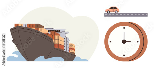 Cargo ship transporting shipping containers, car on highway, and analog clock. Ideal for logistics, shipping, transport, time management, efficiency trade global business. Simple flat metaphor