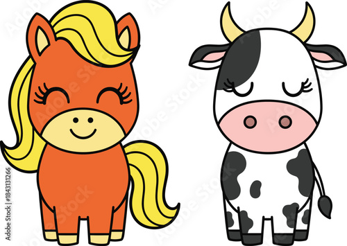 Adorable kawaii vector cartoon set featuring a smiling brown horse with a yellow mane and a black and white dairy cow, perfect for farm and children's themes.Adorable kawaii vector cartoon set featuri