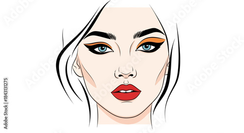 Graphic portrait of a woman with bold makeup and striking features conveying glamour and allure