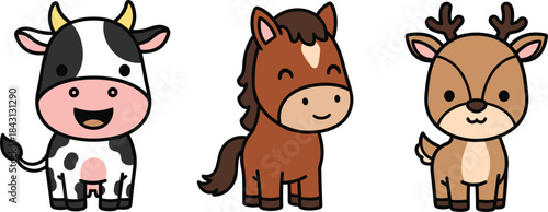 Adorable kawaii vector cartoon set featuring a smiling cow, a friendly brown horse, and a small deer with antlers, perfect for children's farm and forest animal themes.Adorable kawaii vector cartoon s