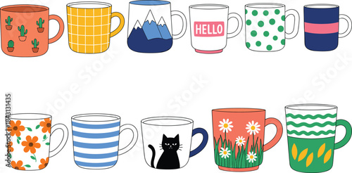 Adorable set of ten cartoon vector mugs and cups with various playful patterns like flowers, cats, stripes, and mountains for home, kitchen, and beverage themes.Adorable set of ten cartoon vector mugs