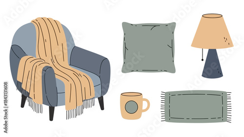 Cozy Room Ambiance: An inviting scene featuring a comfortable armchair draped with a soft blanket, accompanied by a plush pillow, a warm cup, a stylish lamp, and a textured rug.