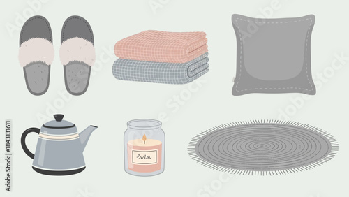 Cozy Home Essentials: A curated selection of comfort items, a plush pillow and rug, slippers, blankets, teapot, and scented candle creating an atmosphere of warmth and relaxation.