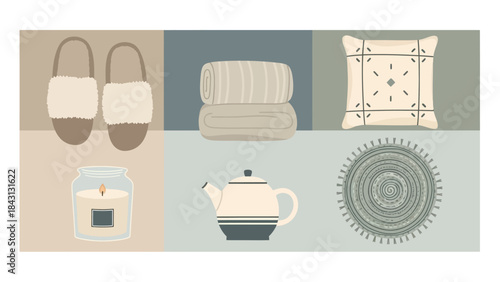 Cozy Comforts Collection: An array of comforting home essentials, including plush slippers, soft blankets, decorative pillow, scented candle, elegant teapot, and patterned rug.