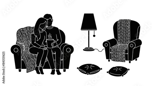 Cozy Moment of a Couple: A monochrome illustration presents a couple's intimate moment of a couple on an armchair, snuggled in together with a warm drink in hand.