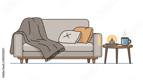 Cozy Comforts: A serene interior scene featuring a comfortable sofa adorned with cushions and a soft blanket, alongside a small table setting a candle, cake and a cup of tea.