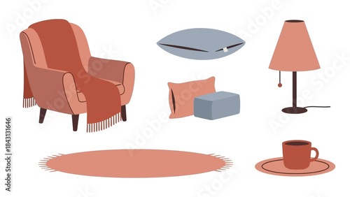 Cozy Corner: A curated illustration presents an inviting domestic scene, featuring a plush armchair adorned with a warm blanket, a decorative pillow, a charming bedside lamp, a circular rug.
