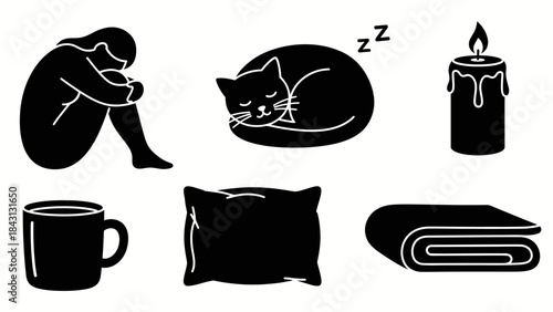 Embracing Stillness: An illustrative representation of tranquility, featuring a woman, cat, candle, mug, pillow, and blanket, designed to evoke a sense of peace and relaxation.