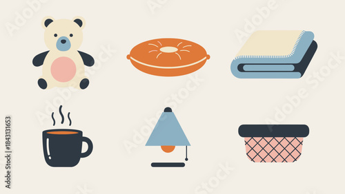 Cozy Home Comforts Illustration: An illustration featuring a teddy bear, pillow, blanket, cup of coffee, lamp, and basket, representing warmth, and the simple pleasures of home.
