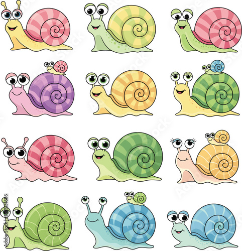 Adorable large vector collection of colorful cartoon snails with spiral shells and big eyes, including mother and baby snails for children's books and fun nature concepts.Adorable large vector collect
