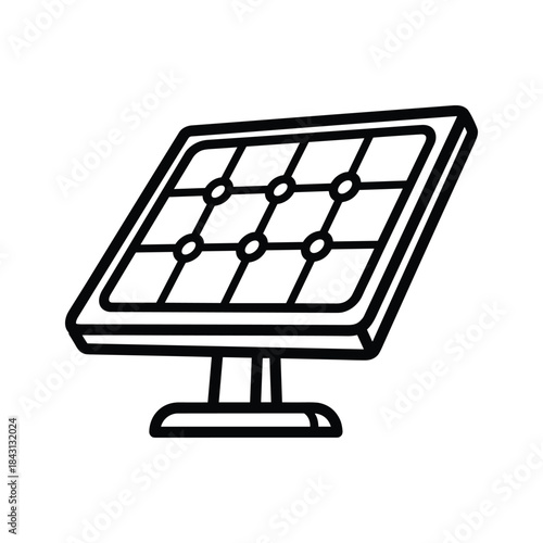 Simple black line icon of a solar panel array mounted on a stand for renewable energy