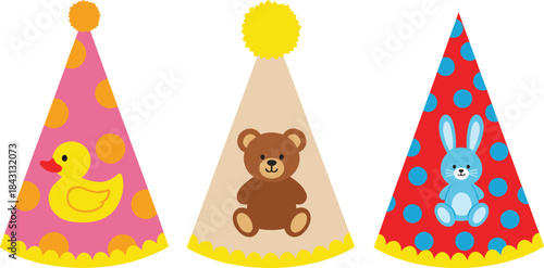 Adorable vector set of three colorful party hats featuring a rubber duck, teddy bear, and blue bunny rabbit for children's birthdays and baby shower celebrations.Adorable vector set of three colorful 
