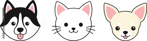 Adorable vector set of three pet head portraits: a smiling husky dog, a cute white cat, and a chihuahua with its tongue out for animal and breed themes.Adorable vector set of three pet head portraits: