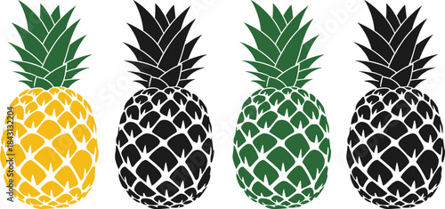 Bold vector set of four stylized pineapples in black, yellow, and green, featuring a simple, high-contrast silhouette design for tropical food and fruit themes.Bold vector set of four stylized pineapp