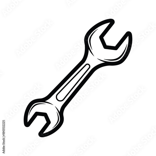 Black and white line drawing of an openend wrench tool isolated on