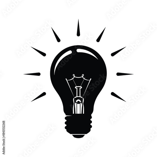 Black silhouette of a shining light bulb, symbolizing idea and innovation, isolated on