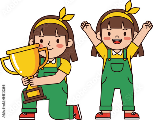 Cheerful cartoon vector illustration of a happy young girl in green overalls kneeling with a large gold trophy and celebrating a successful achievement or victory.