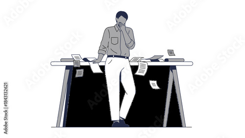 Illustrated man overwhelmed by paperwork and in deep thought about the documents on the table