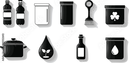 Black and white household item icon set including kitchen tools, containers, eco symbols, and modern minimal vector design elements.