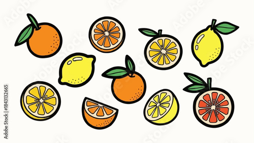 Collection of Fresh Citrus Fruits and Slices.