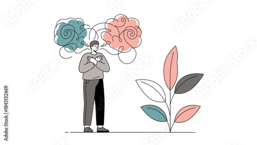 Illustration depicting stress, anxiety and mental health issues featuring a person and plant