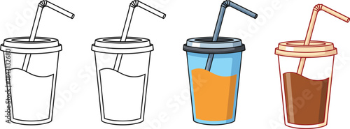 Disposable drink cup illustration set showing progression from line art to full color with straw, lid, and liquid fill levels.