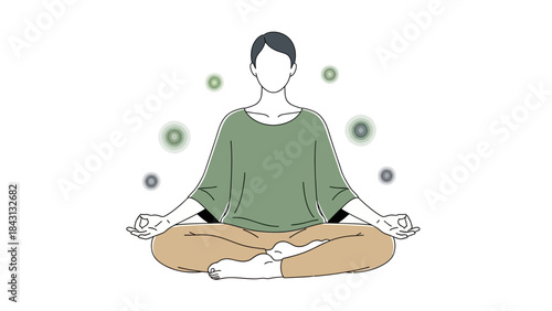 Illustration of a person meditating with peaceful energy visualizations white background