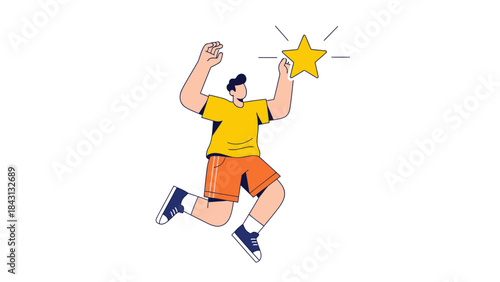 A happy person jumping up to grab a shining golden star flat design illustration