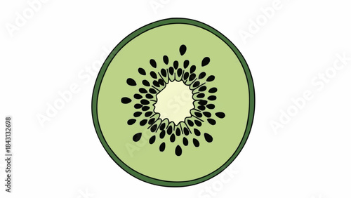 Slice of kiwi fruit with black seeds and green flesh.