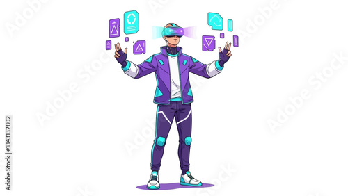 Illustration of a person wearing a VR headset interacting with virtual elements