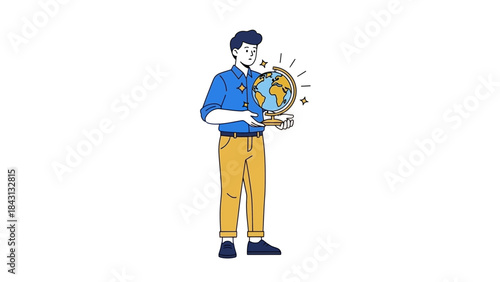 Illustration of a man holding a globe, representing global awareness and travel