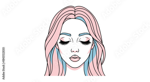 Minimalist face illustration with pastel pink hair and blue accents, closed eyes, isolated on