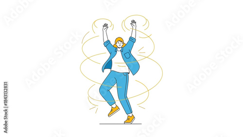 Illustration of a person with raised arms showing movement and energy in a whimsical style