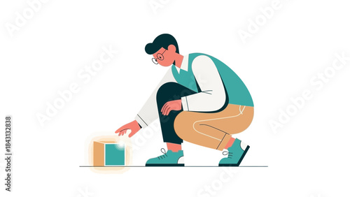 Illustration of a man interacting with a glowing box, concept or idea visualization