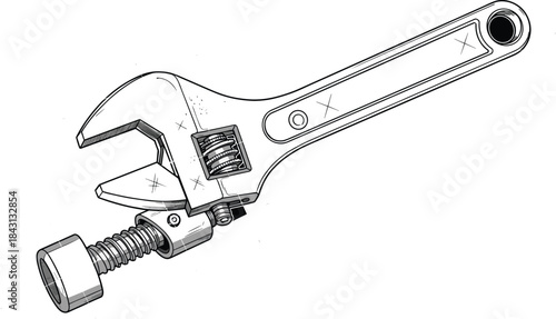 Technical drawing of adjustable wrench gripping bolt with cross-hatching, inspection marks, and mechanical tool details for engineering illustration