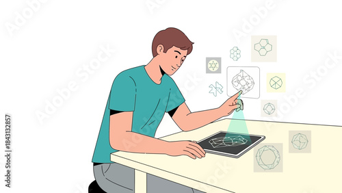 Man interacting with a futuristic digital interface using a tablet and geometric shapes