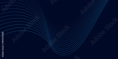 Dark abstract background with glowing wave. Shiny moving lines design element. Modern purple blue gradient flowing wave lines.