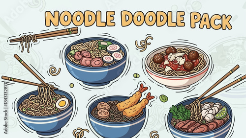 Noodle Doodle Pack Hand Drawn Delicious Asian Food Bowls.