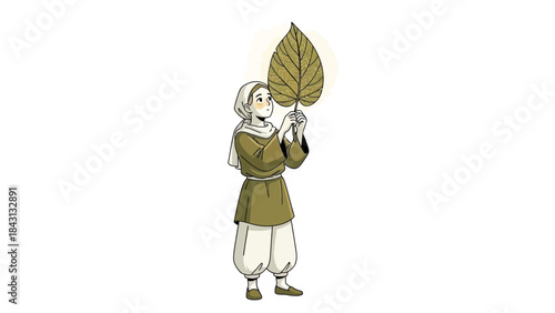 Illustration of a woman holding a large leaf, showcasing nature and contemplation
