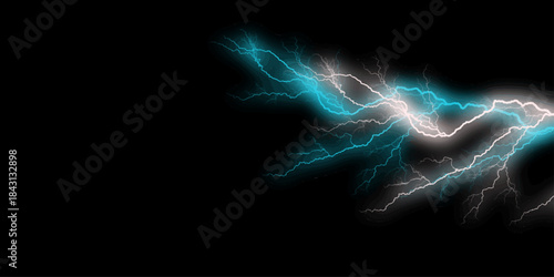 Abstract Lightning Bolt with Electric white and Blue Effects. Dynamic Blue Lightning on Black Background. A dramatic lightning bolt striking through a dark stormy sky, 