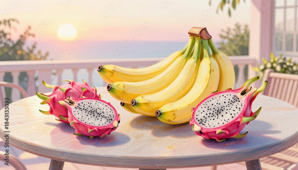 Fototapeta premium Exotic tropical fruit breakfast with bananas and dragon fruit on a terrace overlooking a beautiful sunrise.