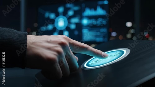 Finger touching a biometric scanner to activate a glowing blue digital fingerprint, illustrating cyber security and identity verification concepts.