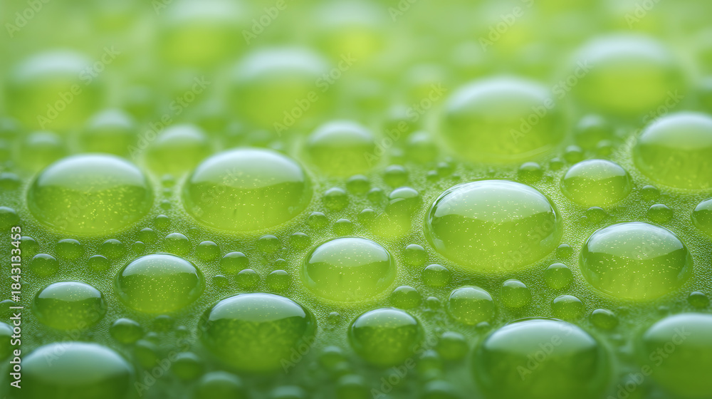 Fototapeta premium Green water droplet macro fresh dew bubble texture surface nature abstract pattern vivid color glow smooth round shape soft light clean mood close up detail