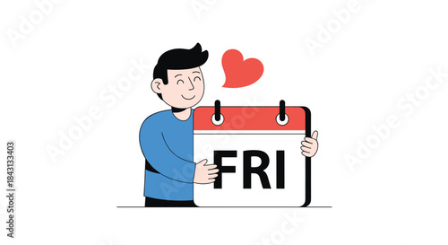 A smiling man with a heart speech bubble hugging a calendar page for Friday, symbolizing his love for the weekend and TGIF.