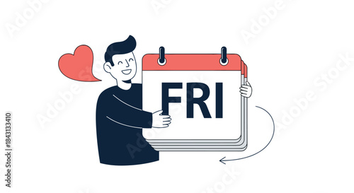 A happy man lovingly hugging a large calendar showing Friday, celebrating the end of the work week and the start of the weekend.