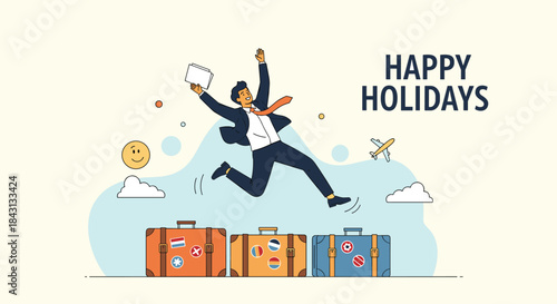 Excited businessman jumping over travel luggage to celebrate the start of his happy holidays and vacation from work concept.