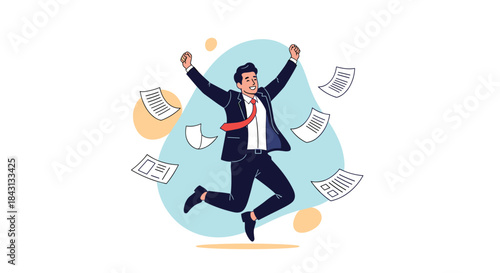 Joyful businessman in a suit celebrating success by jumping enthusiastically with arms raised and papers flying around him.
