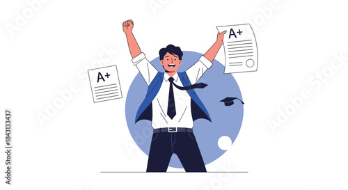 Happy male student celebrating excellent academic results, holding an exam paper with an A-plus grade and raising his arms.